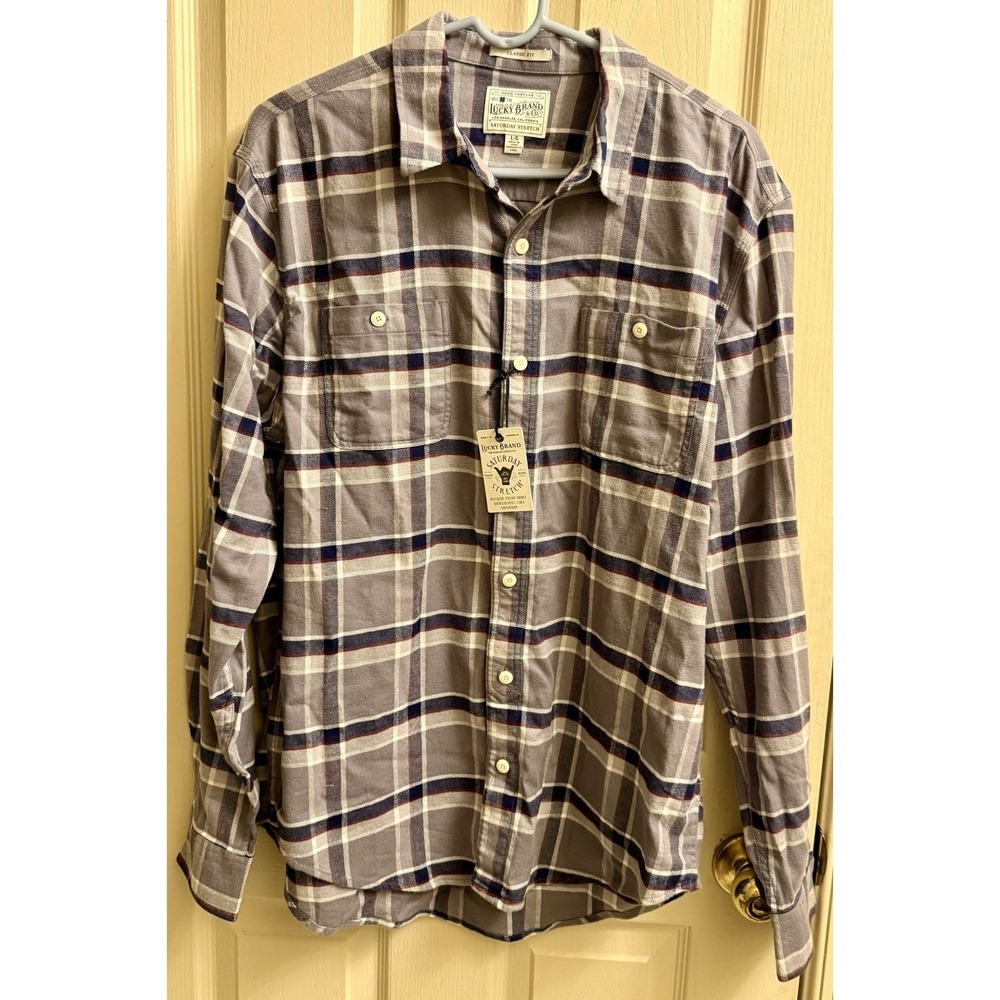 LUCKY BRAND Saturday Stretch Mens Large Button Up Flannel Shirt Gray Plaid New